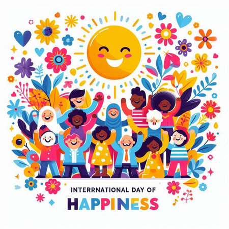 International Day of Happiness. Group of happy young people standing together and smiling. Vector illustration.のイラスト素材