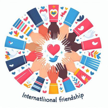 International Friendship Day greeting card with hands in circle shape and heart.のイラスト素材