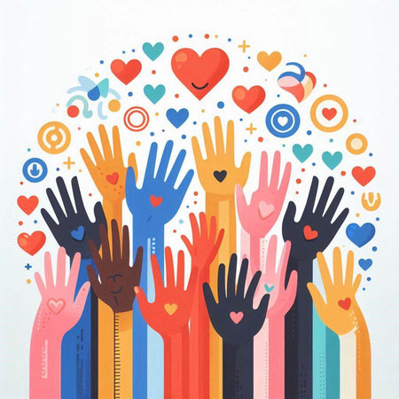Hands of different nationalities with hearts around. Vector illustration.のイラスト素材