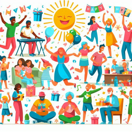 Happy people celebrate birthday party, flat vector illustration. Cartoon man and woman with balloons, gifts, balloons, confetti, confetti.のイラスト素材