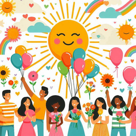 Vector illustration of a happy group of young people with balloons and flowers.のイラスト素材