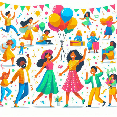Happy people party with balloons and confetti, flat vector illustration.のイラスト素材