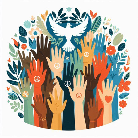 International Day of Peace. Vector illustration of hands raised up with peace symbol.のイラスト素材