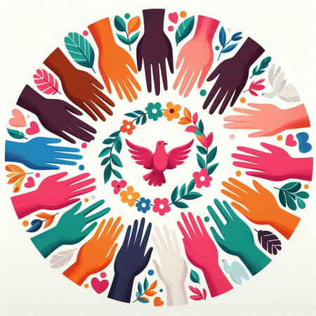Circle of colorful hands with flowers and birds. Vector illustration.のイラスト素材