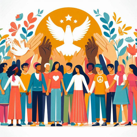 International Day of Peace. People with dove of peace. Vector illustration.のイラスト素材