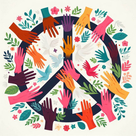 Hands of different nationalities around the peace sign. Vector illustration.のイラスト素材