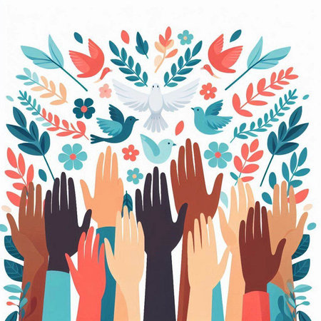 Hands of diverse people with flowers and birds. Vector illustration.のイラスト素材