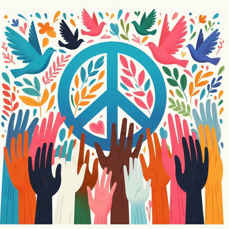 Peace symbol with colorful hands and doves. Vector illustration in retro style.のイラスト素材