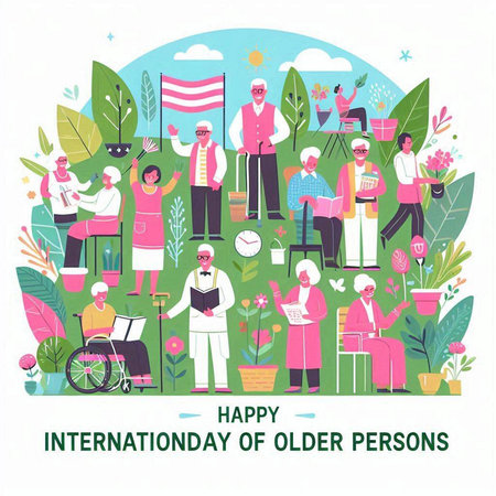 International Day of Older Persons flat design concept. Vector illustration with elderly people, grandparents and grandchildren.のイラスト素材