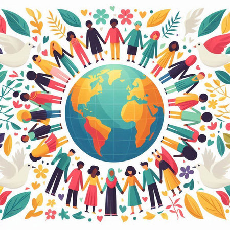 International Day of Peace. Group of people around the globe. Vector illustrationのイラスト素材