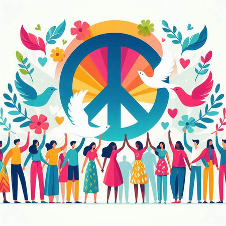Peace symbol with people around. International Day of Peace. Vector illustration.のイラスト素材