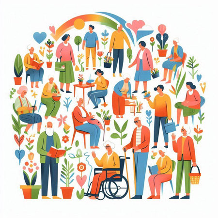 Elderly people in love with flowers and plants. Flat vector illustration.のイラスト素材