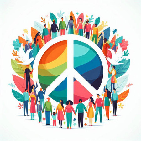 Vector illustration of people with peace symbol. International Day of Peace concept.のイラスト素材
