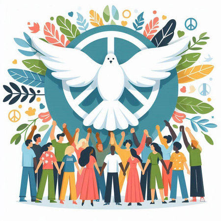 International Day of Peace. Group of people with white dove and peace symbol. Vector illustration.のイラスト素材
