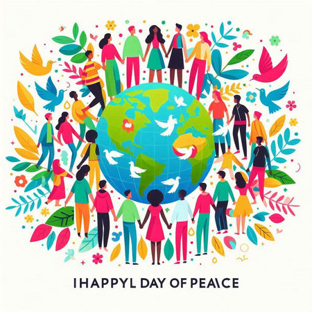 Happy international day of peace concept. Group of people around the globe. Vector illustrationのイラスト素材