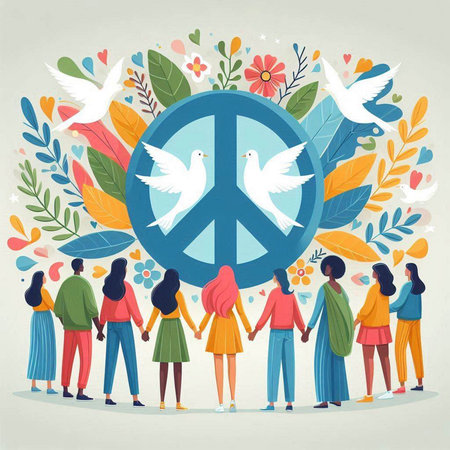 International Day of Peace concept. Group of people with peace sign and dove. Vector illustration.のイラスト素材