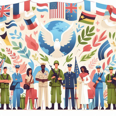 Patriotic background with people and flags of different countries. Vector illustrationのイラスト素材