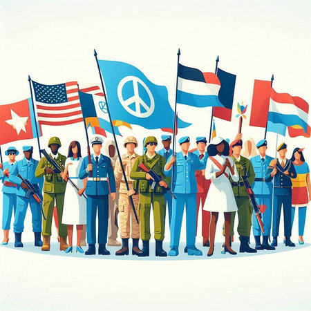Soldiers of different nationalities with flags. Vector illustration in cartoon style.のイラスト素材
