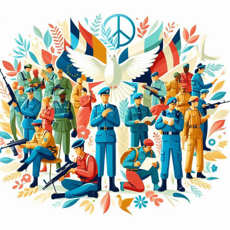 Vector illustration of a group of soldiers with guns and peace symbol.のイラスト素材