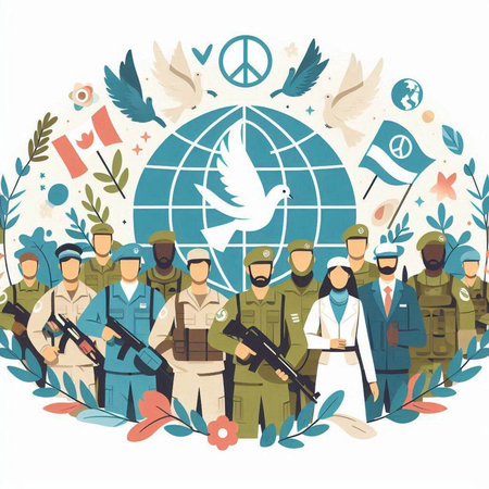Vector illustration of the World Peace Day. People in military uniforms.のイラスト素材