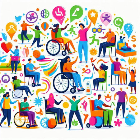 Disabled people concept vector illustration. People in wheelchairs, social distancing, social distancing, self-isolation.のイラスト素材