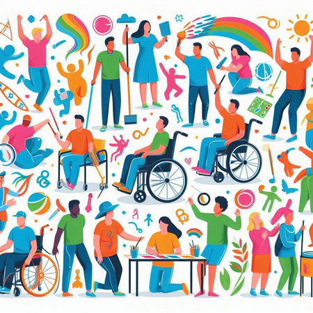 Disabled people and handicapped people in different situations vector illustration.のイラスト素材