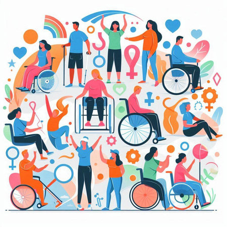 Disabled people flat vector illustration. People in different physical and mental health activities.のイラスト素材