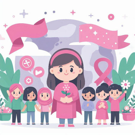 Breast Cancer Awareness Campaign with Mother and Children, Vector Illustrationのイラスト素材