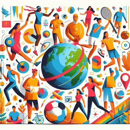 Vector illustration of people running around the world with sports elements in the backgroundのイラスト素材