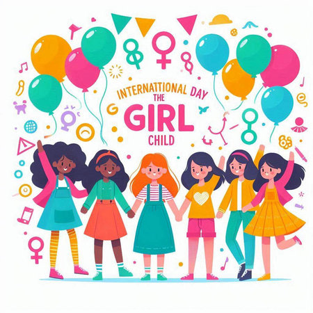International Girl Power Day greeting card with cute cartoon girls with balloons vector illustrationのイラスト素材