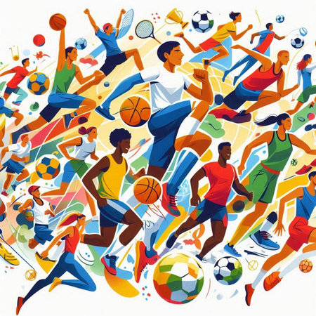 Vector illustration of a group of people playing soccer, football, basketball, rugby, basketball, tennis, tennis, badminton.のイラスト素材