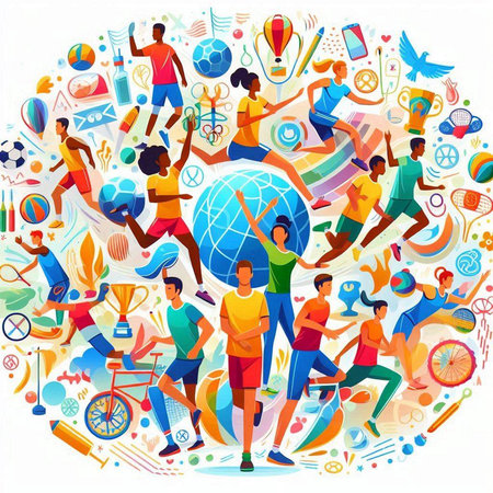 World Health Day. Group of people doing sports. Vector illustration.のイラスト素材