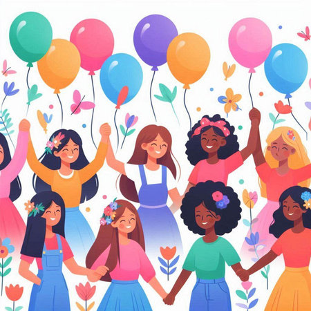 Group of happy women with balloons and flowers. Flat vector illustration.のイラスト素材