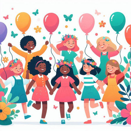 Happy group of children with balloons and flowers. Flat vector illustration.のイラスト素材