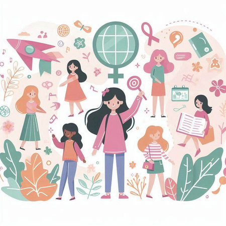 Vector illustration of group of girls with different objects in the background.のイラスト素材