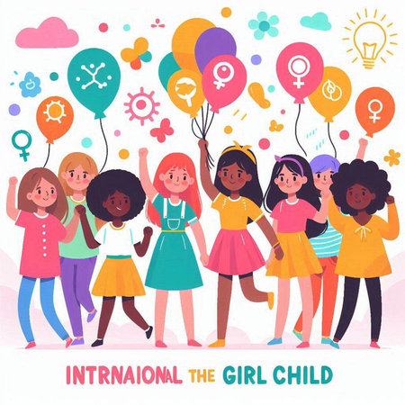 International Day of the Girl Child. Group of children with balloons. Flat design vector illustration.のイラスト素材