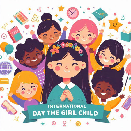 International Day of the Girl Child. Vector illustration with cute children.のイラスト素材