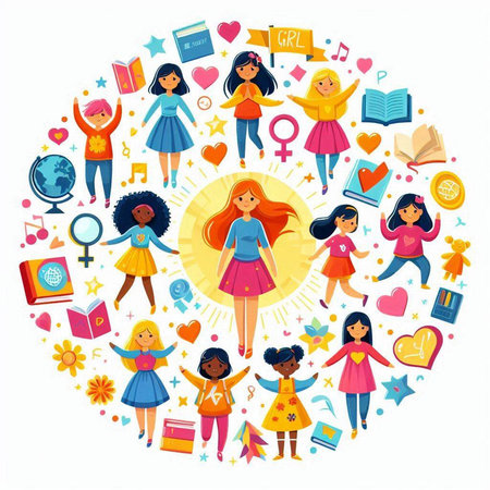 Vector illustration of a group of schoolgirls and school supplies in a circleのイラスト素材