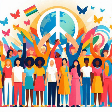 Group of happy people with peace sign and rainbow flag. Vector illustration.のイラスト素材