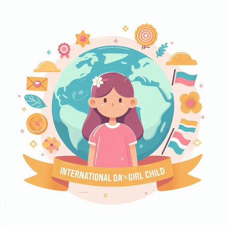 International children's day greeting card with girl and globe. Vector illustration.のイラスト素材