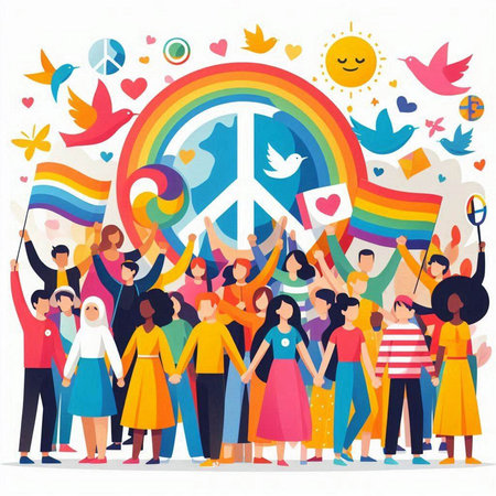 International Day of Peace. People with Rainbow Flag and Peace Symbols. Vector illustrationのイラスト素材
