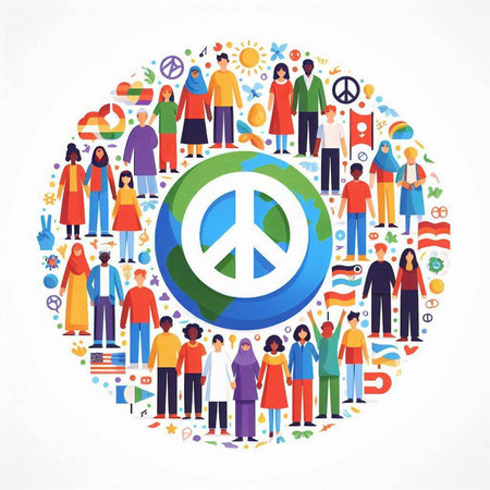 Group of people holding hands around a peace sign. Vector illustration.のイラスト素材