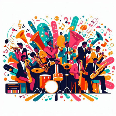 Musical group of people with musical instruments. Vector illustration in flat styleのイラスト素材