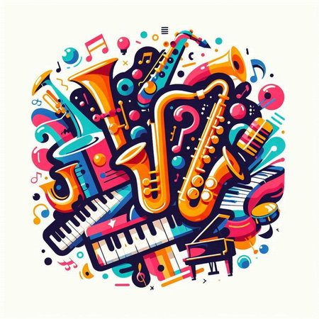 Colorful vector illustration of Music cartoon doodle objects, symbols and itemsのイラスト素材