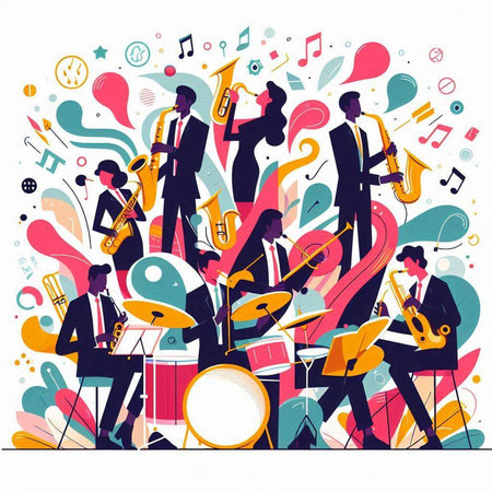 Vector illustration of jazz musicians playing musical instruments. Music festival background.のイラスト素材