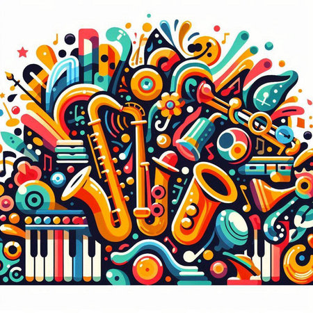 Music background with musical instruments and notes. Colorful vector illustration.のイラスト素材