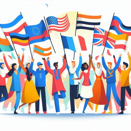 Group of happy people holding flags of different countries. Vector illustration.のイラスト素材