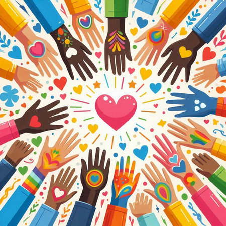 Hands of different ethnicities and cultures around the heart. Vector illustration.のイラスト素材
