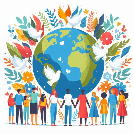 International Day of Peace. International Day of Peace. Group of people with Earth planet and doves. Flat vector illustration.のイラスト素材