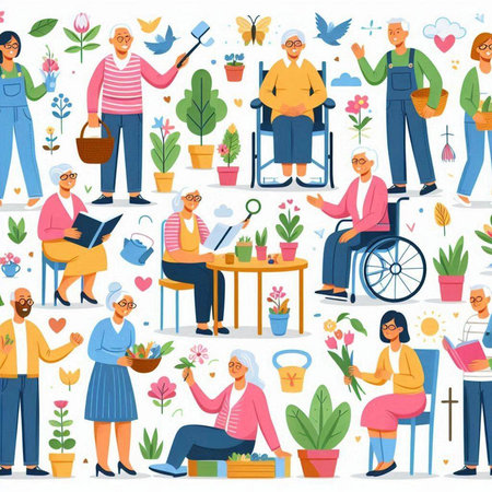 Seamless pattern with different people gardening. Vector flat illustration.のイラスト素材